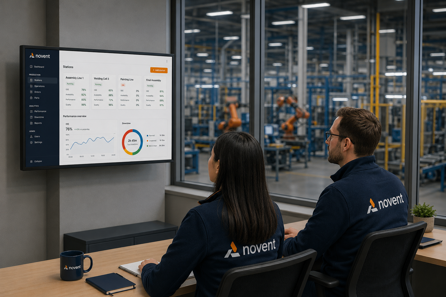 Production planner reviewing reports in a modern manufacturing office