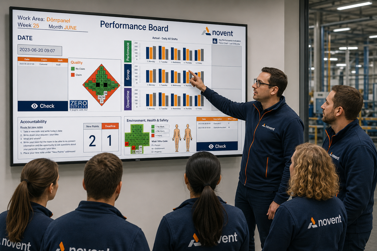 Team reviewing a performance dashboard on the shop floor