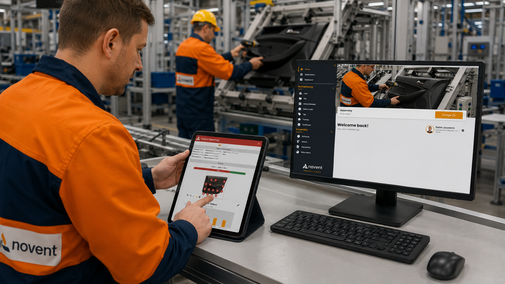 Operator logging data on a station terminal at the production line
